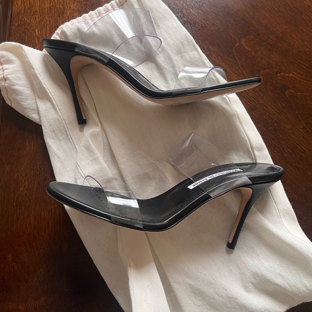 Manolo Blahnik Elegant Black Stiletto Heels with Clear Straps